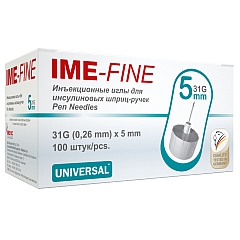 Иглы инъекционные IME-FINE №100 для инсулиновых шприц-ручек, 31G, диаметр 0,26 мм, длина 5 мм, 100 шт.
